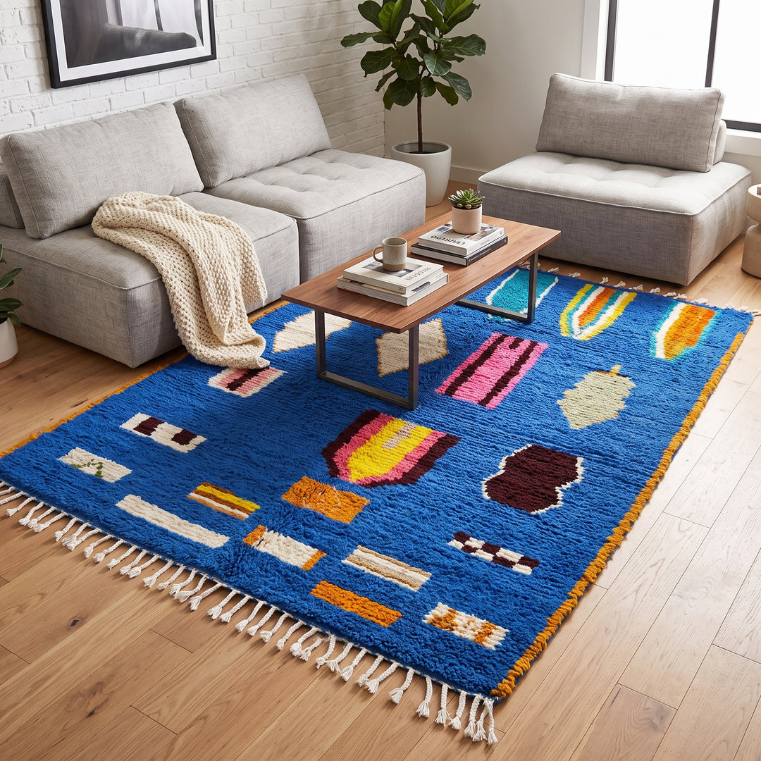 Blue Moroccan wool rug with modern abstract Berber symbols on a plush handwoven surface
