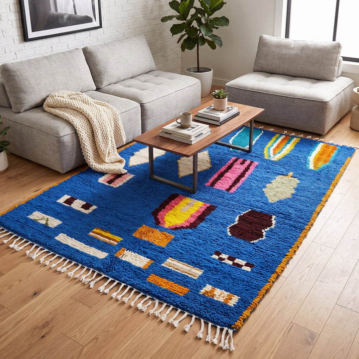 Blue Moroccan wool rug with modern abstract Berber symbols on a plush handwoven surface
