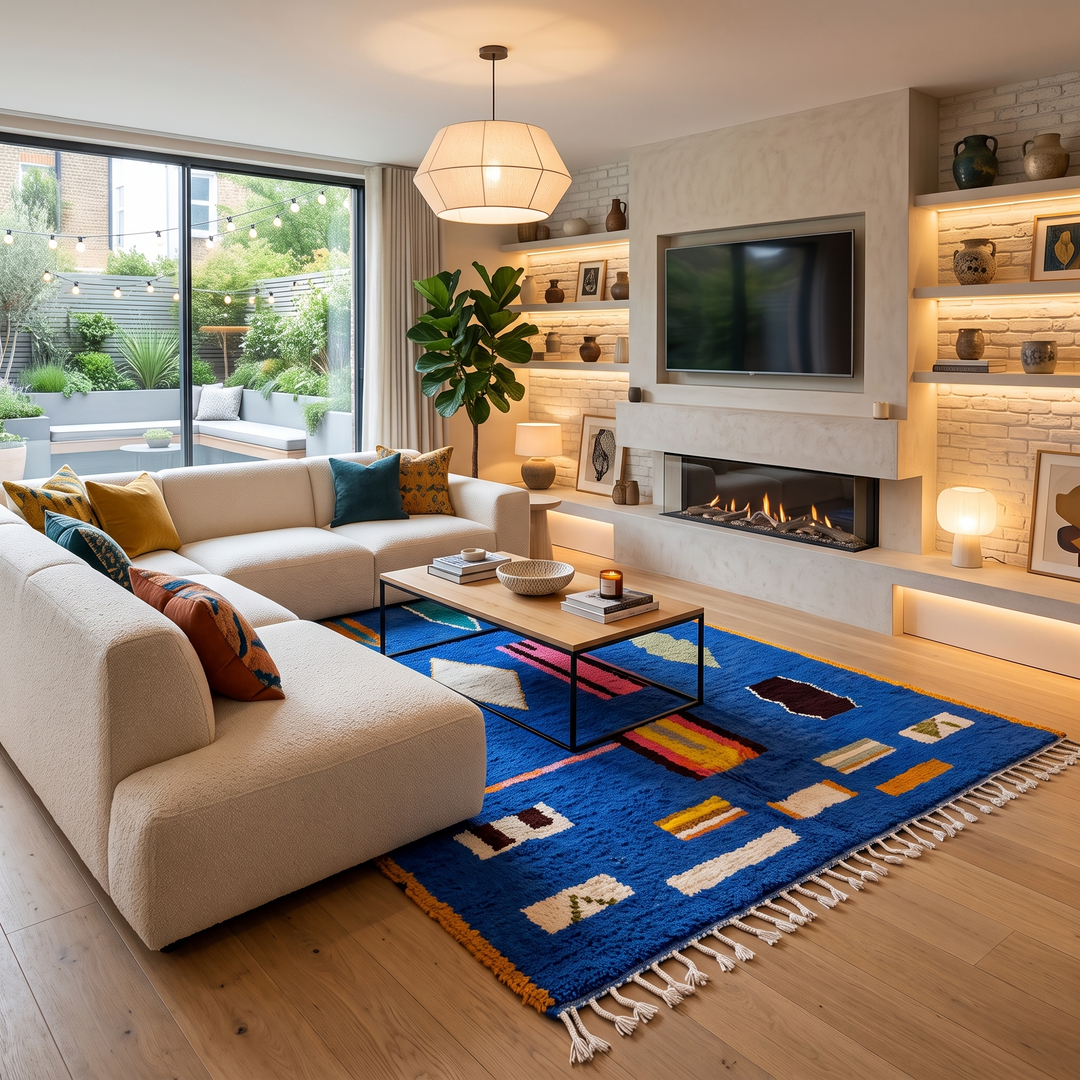Blue Moroccan wool rug with modern abstract Berber symbols on a plush handwoven surface
