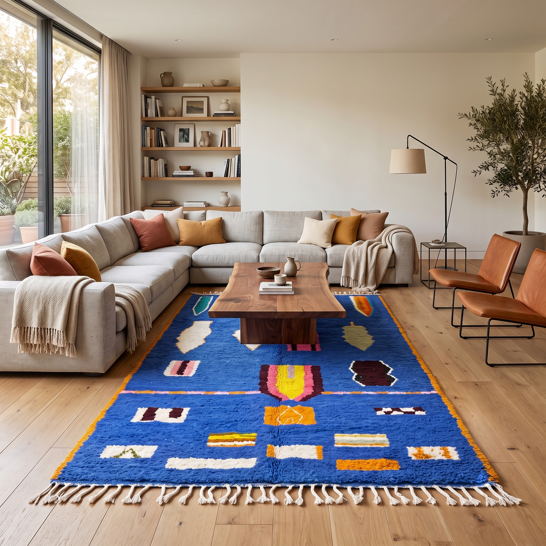 Blue Moroccan wool rug with modern abstract Berber symbols on a plush handwoven surface
