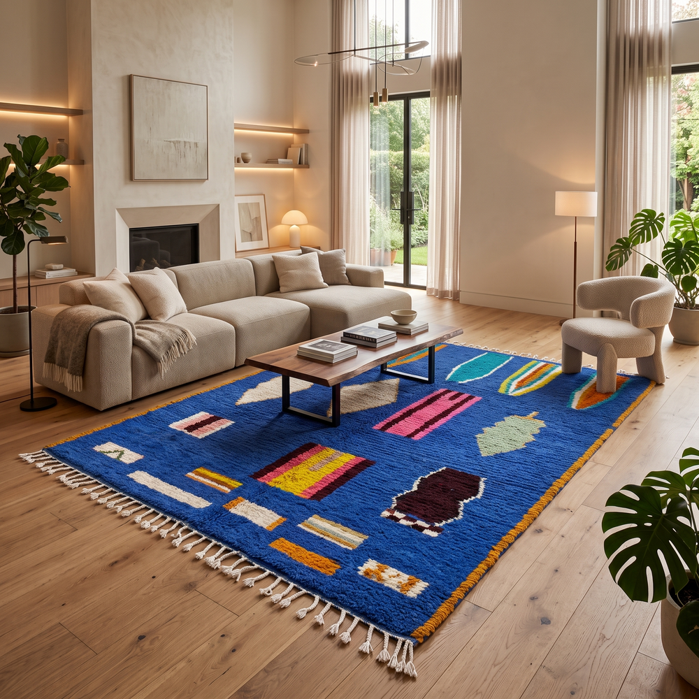 Blue Moroccan wool rug with modern abstract Berber symbols on a plush handwoven surface
