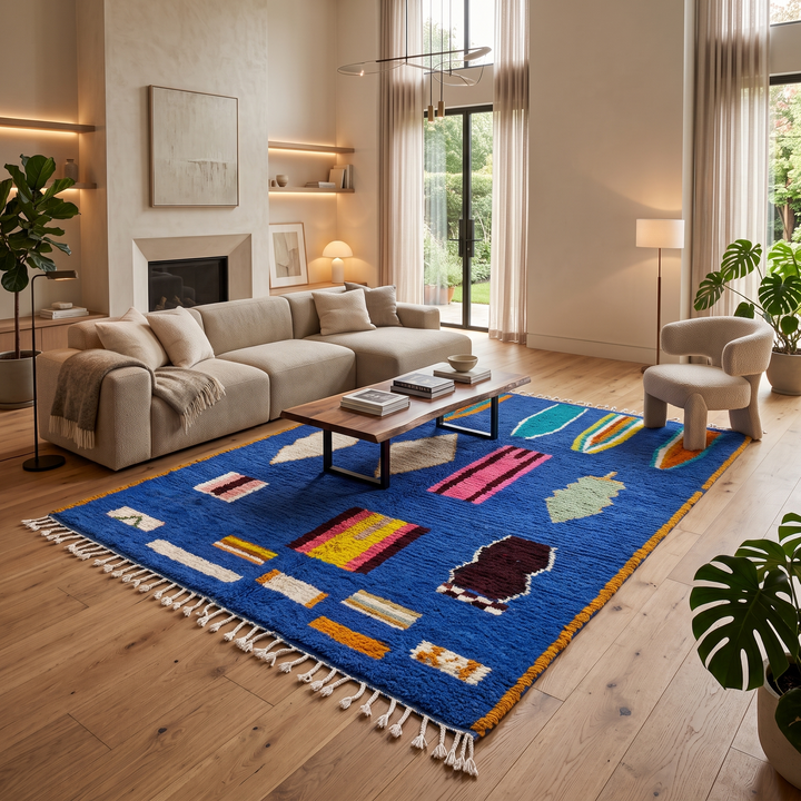 Blue Moroccan wool rug with modern abstract Berber symbols on a plush handwoven surface

