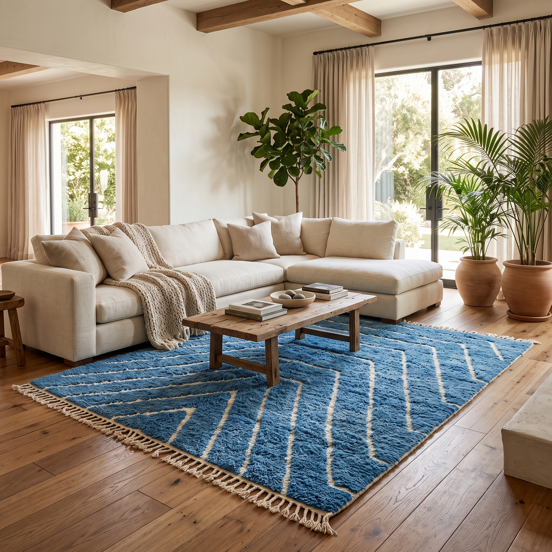 Blue Moroccan wool rug with carved geometric Berber lines, handmade in Morocco
