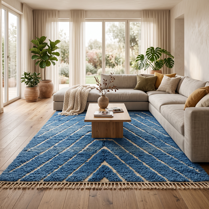 Blue Moroccan wool rug with carved geometric Berber lines, handmade in Morocco
