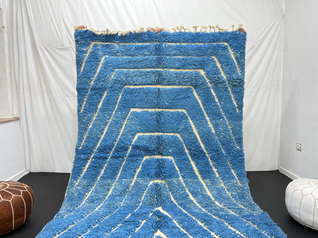Blue Moroccan wool rug with carved geometric Berber lines, handmade in Morocco