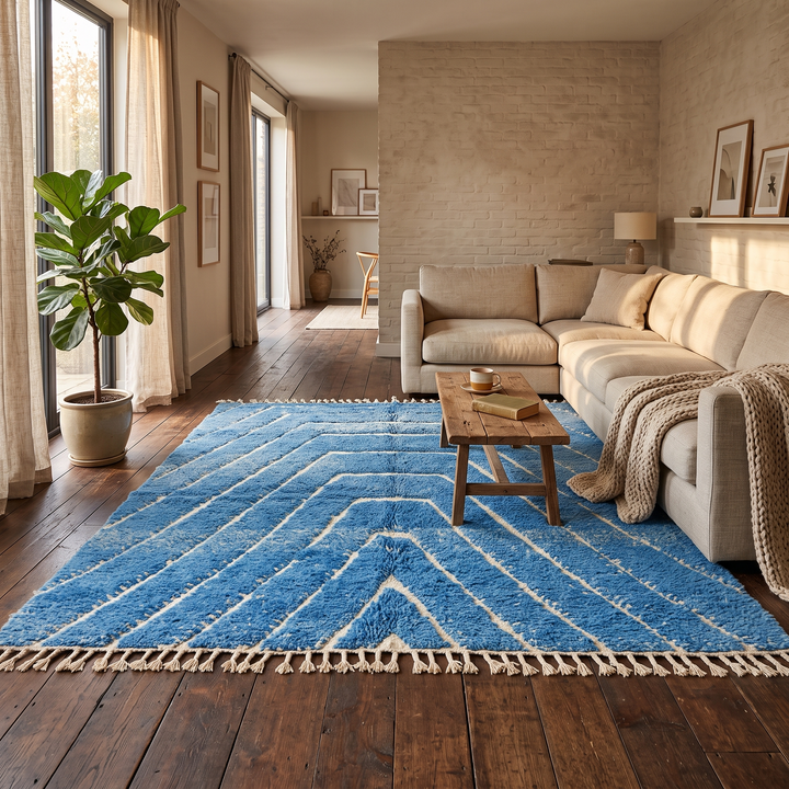 Blue Moroccan wool rug with carved geometric Berber lines, handmade in Morocco
