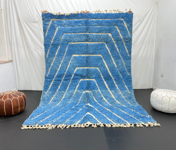 Blue Moroccan wool rug with carved geometric Berber lines, handmade in Morocco