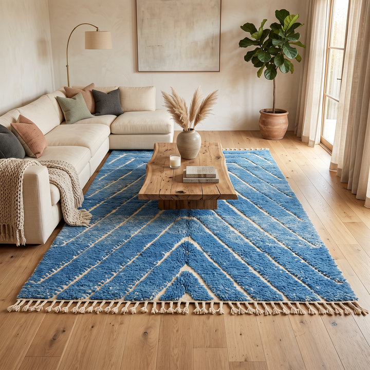 Blue Moroccan wool rug with carved geometric Berber lines, handmade in Morocco
