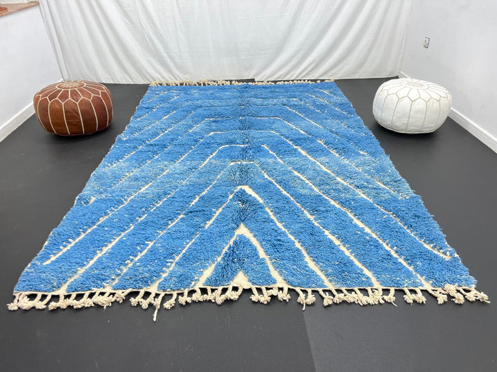 Blue Moroccan wool rug with carved geometric Berber lines, handmade in Morocco