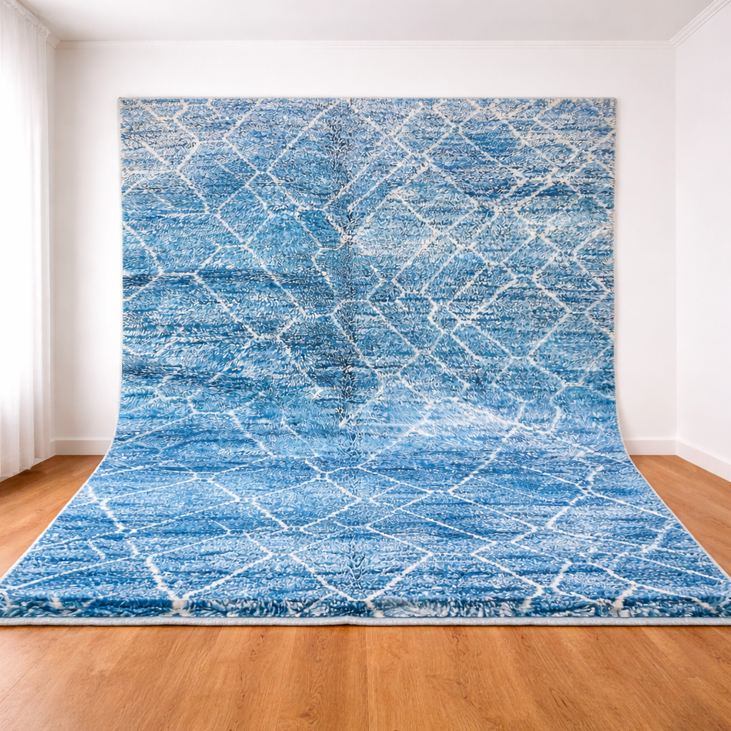 Blue Moroccan Wool Rug with Geometric Diamond Pattern