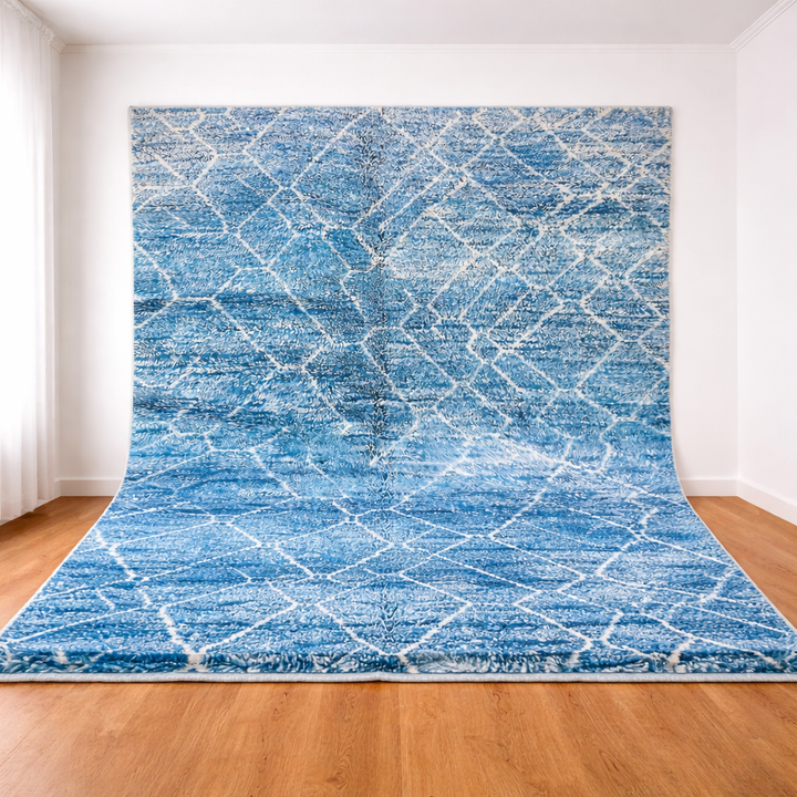 Blue Moroccan Wool Rug with Geometric Diamond Pattern