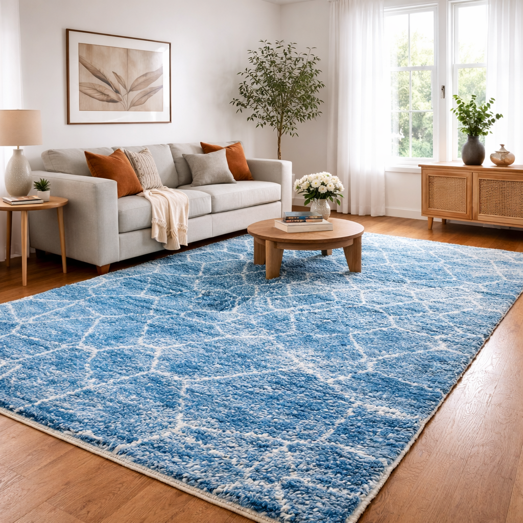 Blue Moroccan Wool Rug with Geometric Diamond Pattern