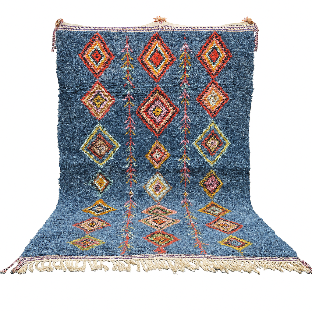 Handmade blue Moroccan wool rug with colorful diamond motifs – Berber boho style