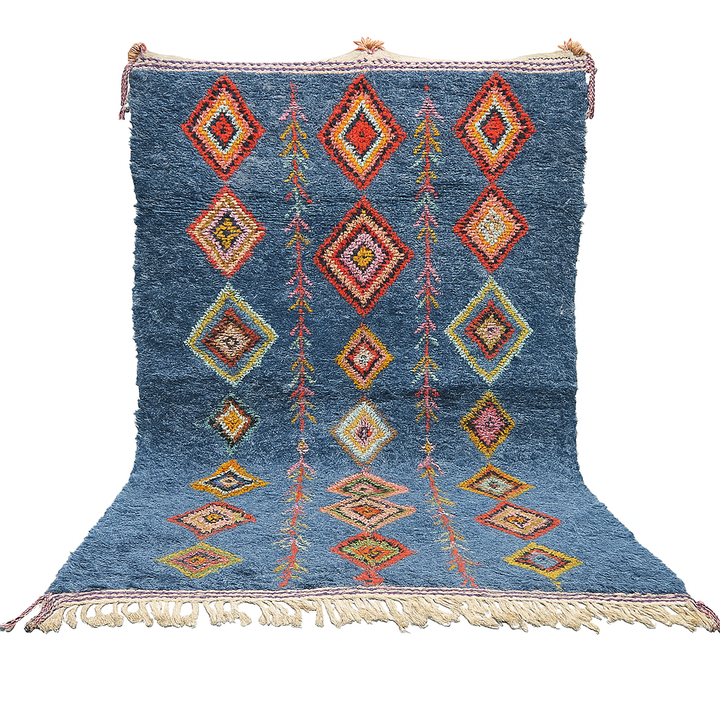 Handmade blue Moroccan wool rug with colorful diamond motifs – Berber boho style
