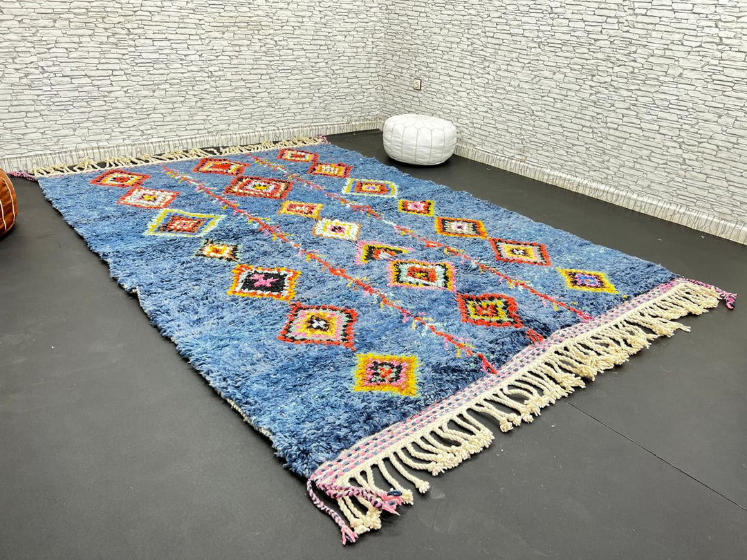 Handmade blue Moroccan wool rug with colorful diamond motifs – Berber boho style