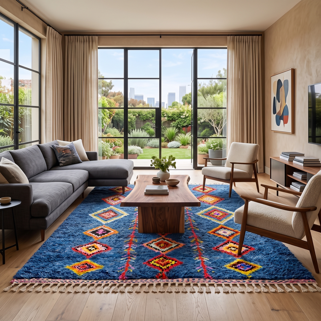 Handmade blue Moroccan wool rug with colorful diamond motifs – Berber boho style