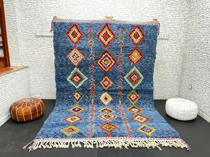 Handmade blue Moroccan wool rug with colorful diamond motifs – Berber boho style