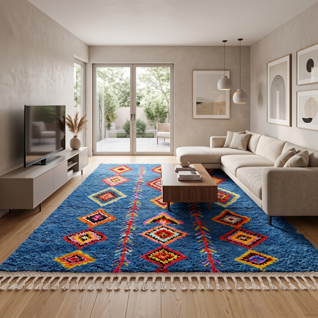Handmade blue Moroccan wool rug with colorful diamond motifs – Berber boho style