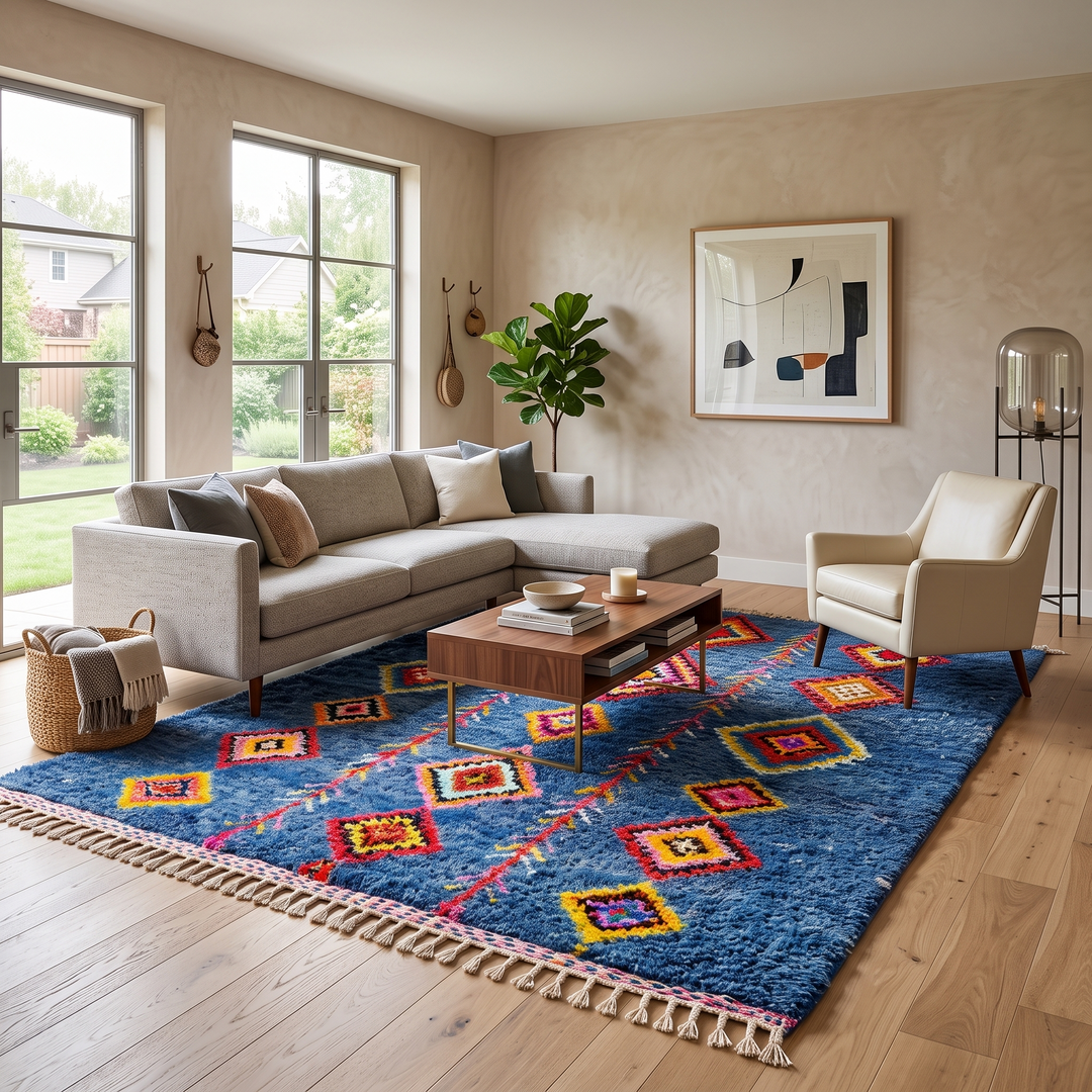 Handmade blue Moroccan wool rug with colorful diamond motifs – Berber boho style