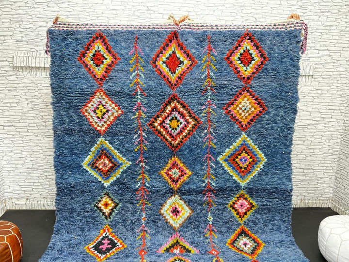 Handmade blue Moroccan wool rug with colorful diamond motifs – Berber boho style