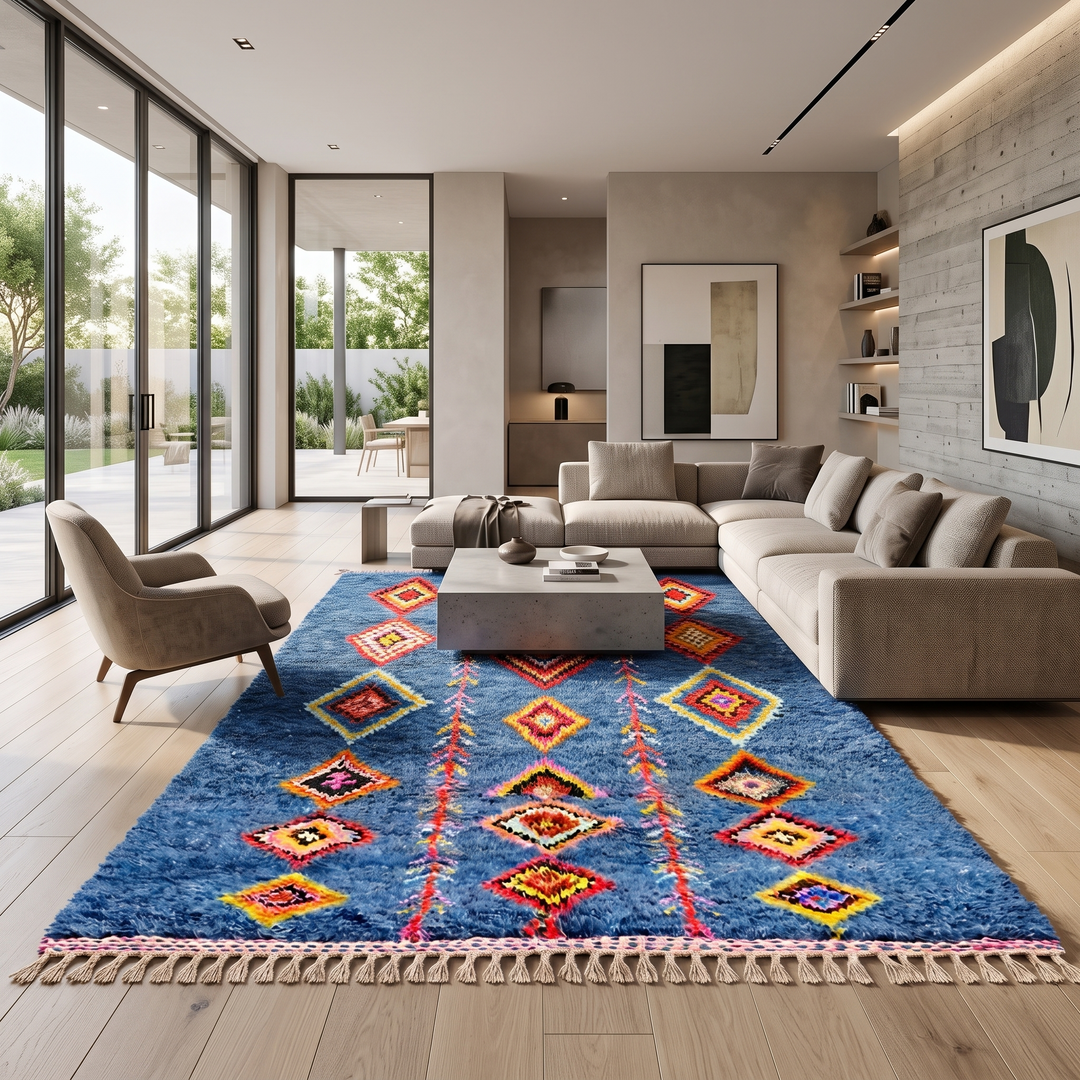Handmade blue Moroccan wool rug with colorful diamond motifs – Berber boho style