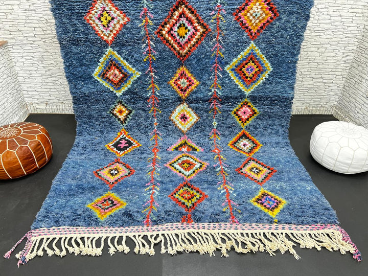 Handmade blue Moroccan wool rug with colorful diamond motifs – Berber boho style