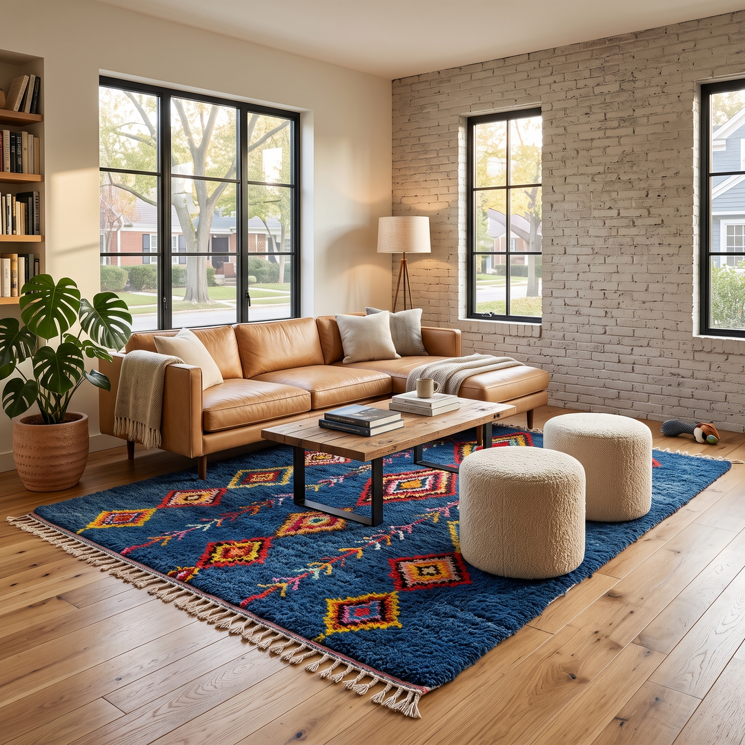 Handmade blue Moroccan wool rug with colorful diamond motifs – Berber boho style