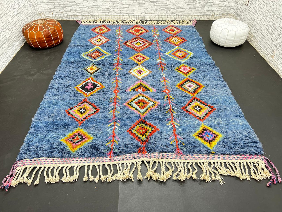 Handmade blue Moroccan wool rug with colorful diamond motifs – Berber boho style