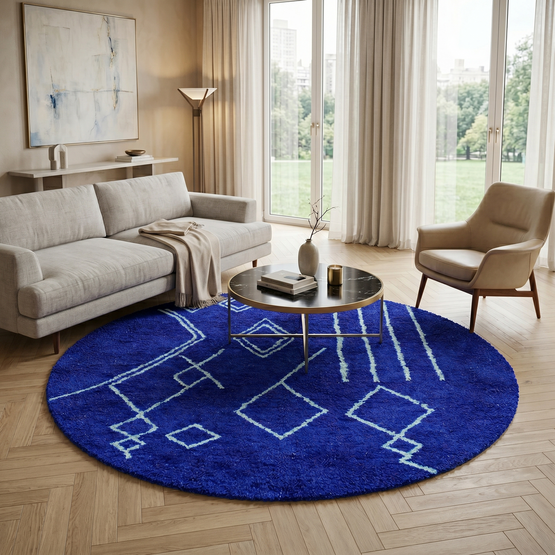Round Blue Moroccan Wool Rug – Geometric Berber Area Carpet