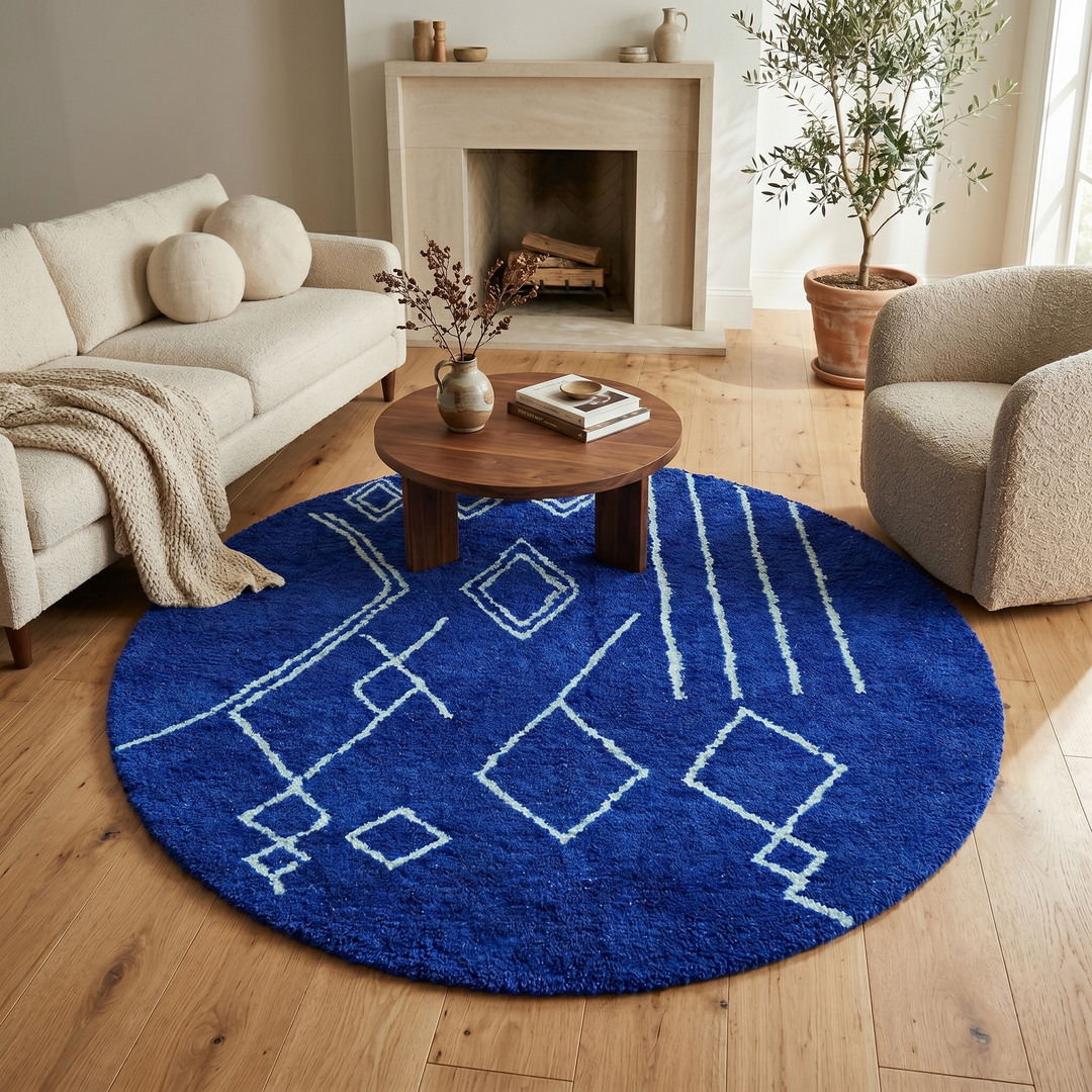 Round Blue Moroccan Wool Rug – Geometric Berber Area Carpet
