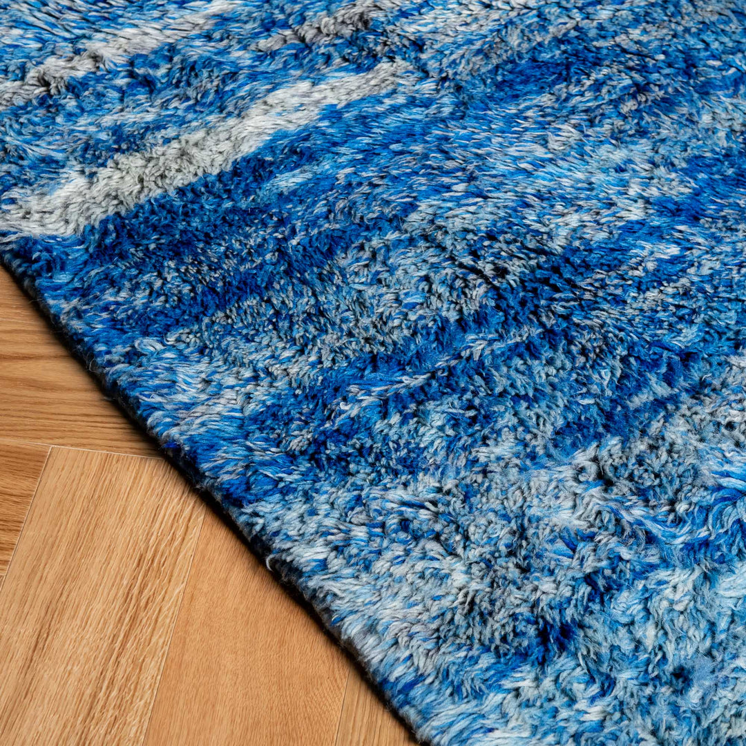 Blue White Abstract Moroccan Rug in Natural Wool Handmade