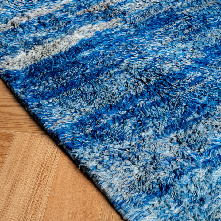 Blue White Abstract Moroccan Rug in Natural Wool Handmade