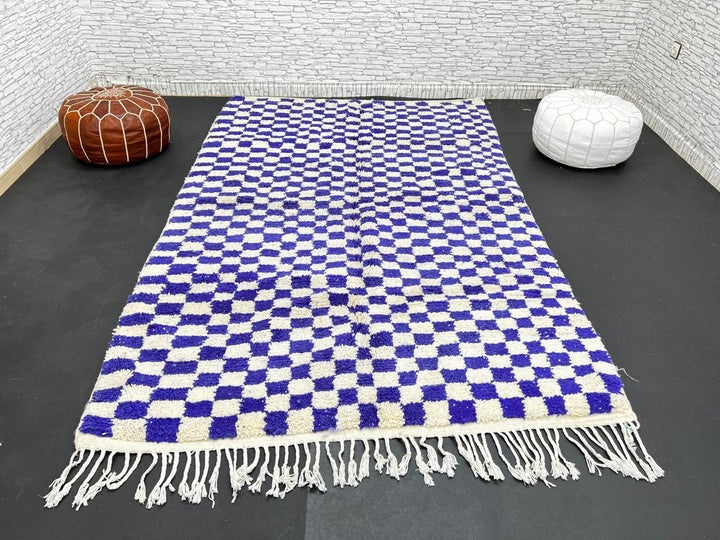 Blue and white checkered Moroccan wool rug, handmade by Berber artisans from 100% natural wool
