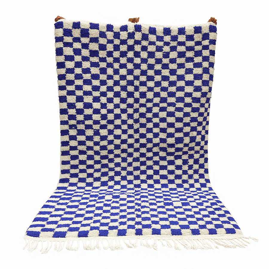 Blue and white checkered Moroccan wool rug, handmade by Berber artisans from 100% natural wool
