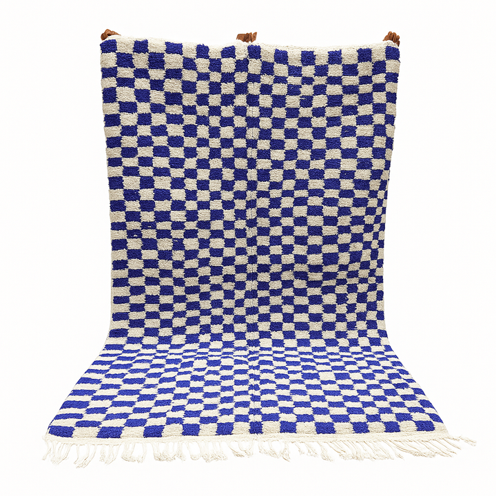 Blue White Checkered Moroccan Wool Rug – Handmade Berber Carpet