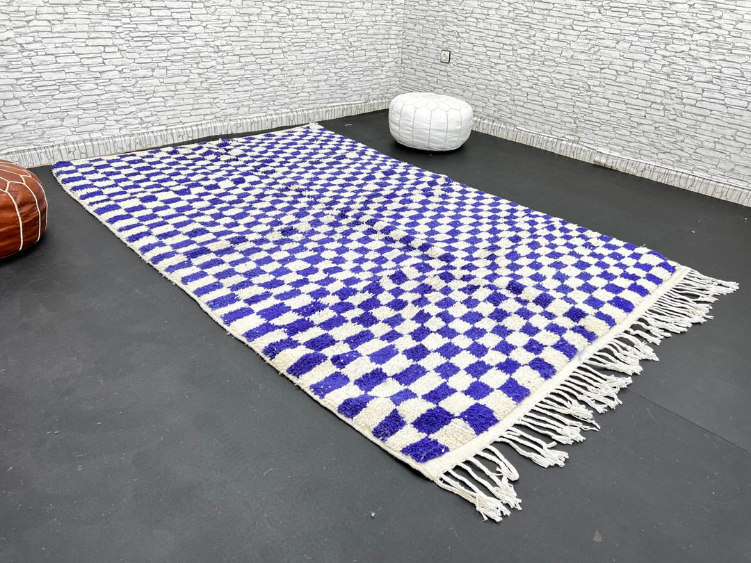 Blue and white checkered Moroccan wool rug, handmade by Berber artisans from 100% natural wool
