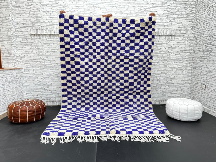 Blue White Checkered Moroccan Wool Rug – Handmade Berber Carpet