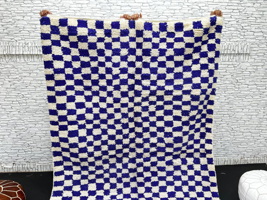 Blue White Checkered Moroccan Wool Rug – Handmade Berber Carpet
