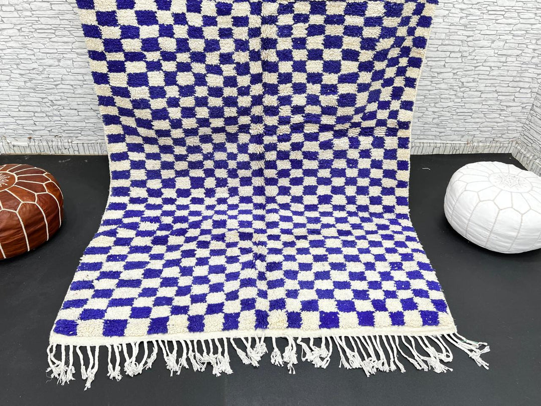 Blue White Checkered Moroccan Wool Rug – Handmade Berber Carpet