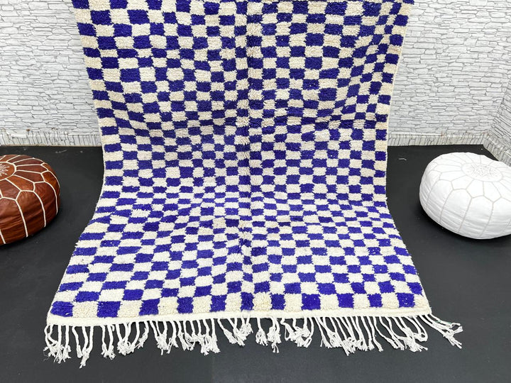 Blue White Checkered Moroccan Wool Rug – Handmade Berber Carpet