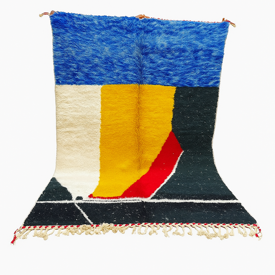 Handwoven Moroccan wool rug in blue, yellow, red, black, and white geometric pattern – modern Berber carpet handmade in Morocco