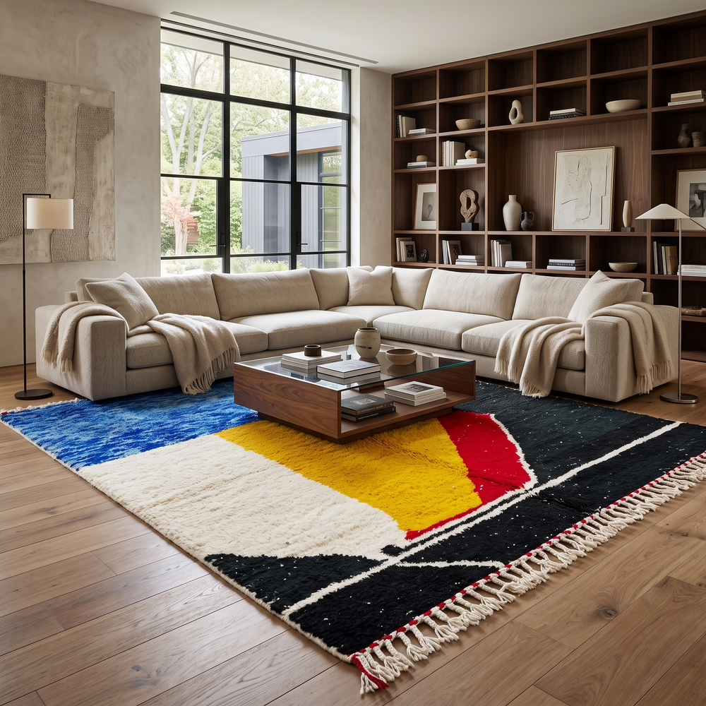 Handwoven Moroccan wool rug in blue, yellow, red, black, and white geometric pattern – modern Berber carpet handmade in Morocco