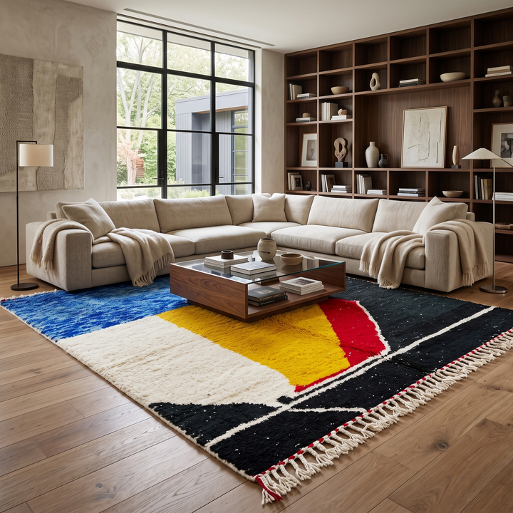 Handwoven Moroccan wool rug in blue, yellow, red, black, and white geometric pattern – modern Berber carpet handmade in Morocco