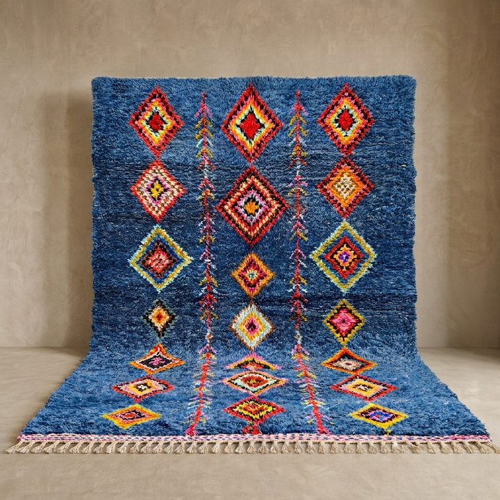 Handmade blue Moroccan wool rug with colorful diamond motifs – Berber boho style