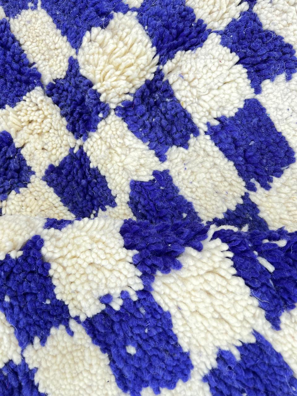 Handmade blue and white checkerboard Moroccan wool runner rug