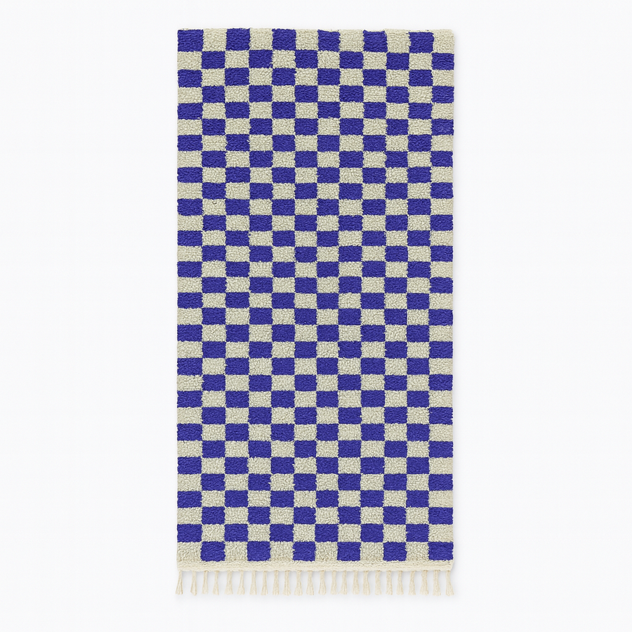 Handmade blue and white checkerboard Moroccan wool runner rug
