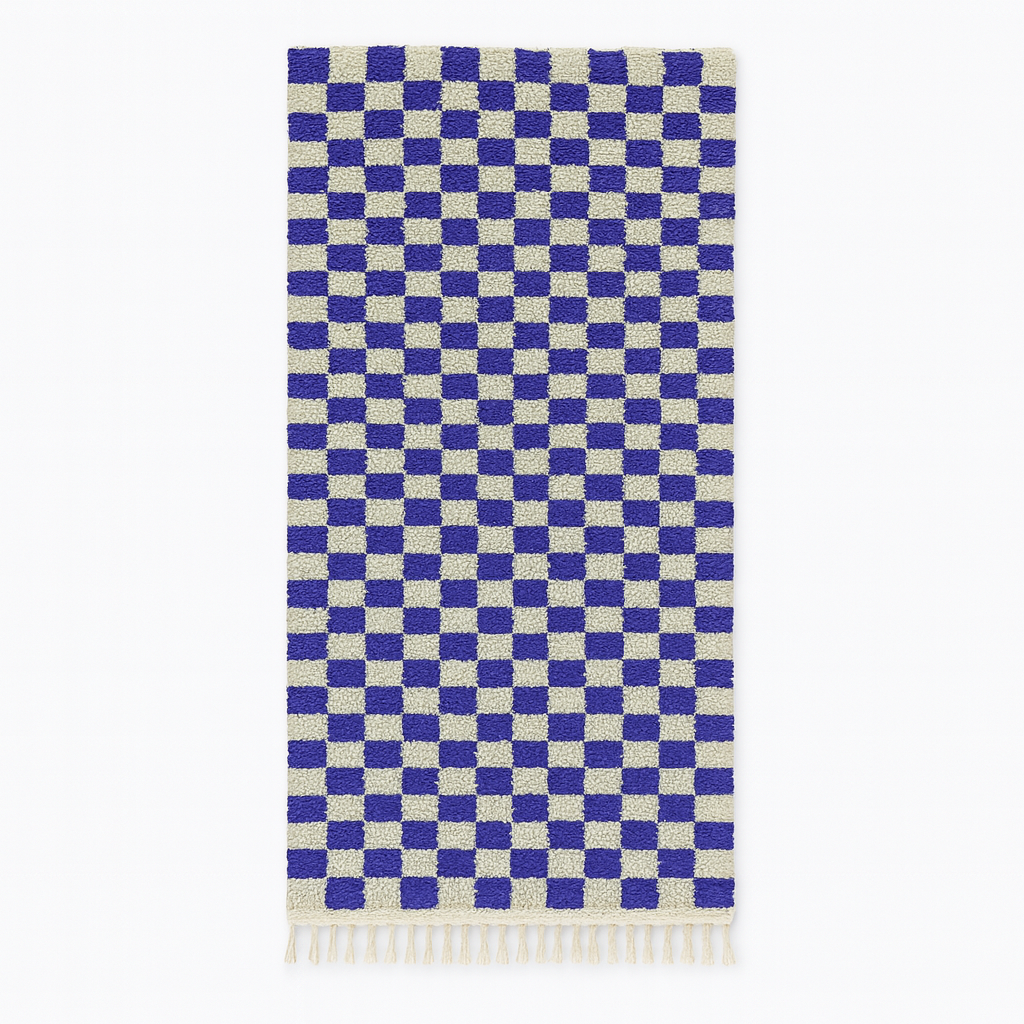 Handmade blue and white checkerboard Moroccan wool runner rug