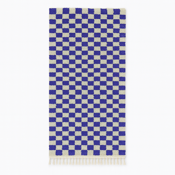 Handmade blue and white checkerboard Moroccan wool runner rug