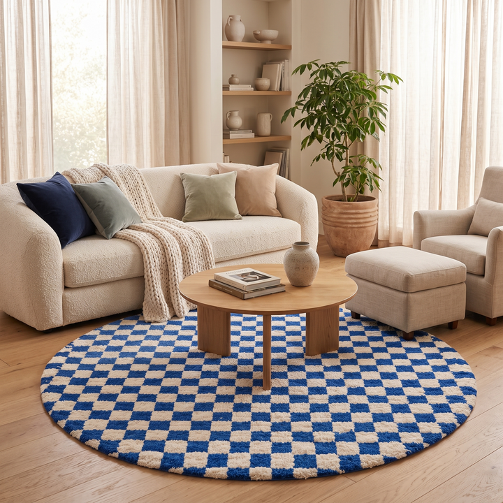 Handmade Moroccan wool rug with blue and white checkerboard pattern, round shape, and soft plush texture.