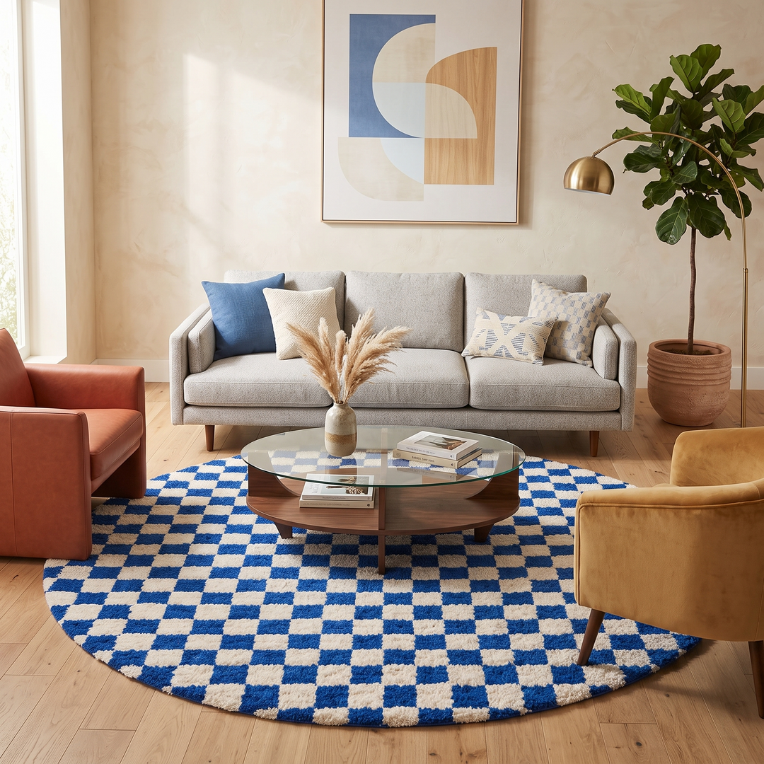 Handmade Moroccan wool rug with blue and white checkerboard pattern, round shape, and soft plush texture.